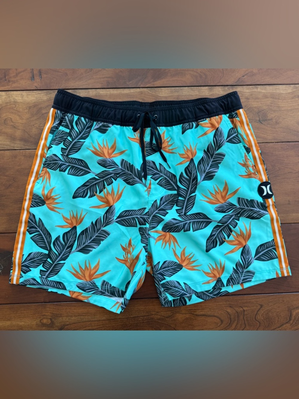 Hurley Turquoise Swim Trunks with Orange Floral Print